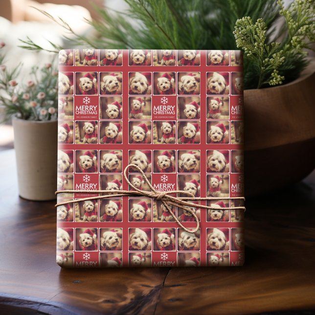Glad jul fotokollage röd vit presentpapper (Personalized Photo Wrapping Paper)