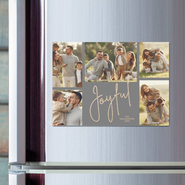 GLAD JUL Fotosammanställning Magnetiska Kort (JOYFUL script on silver grey Christmas photo collage holiday magnetic cards)
