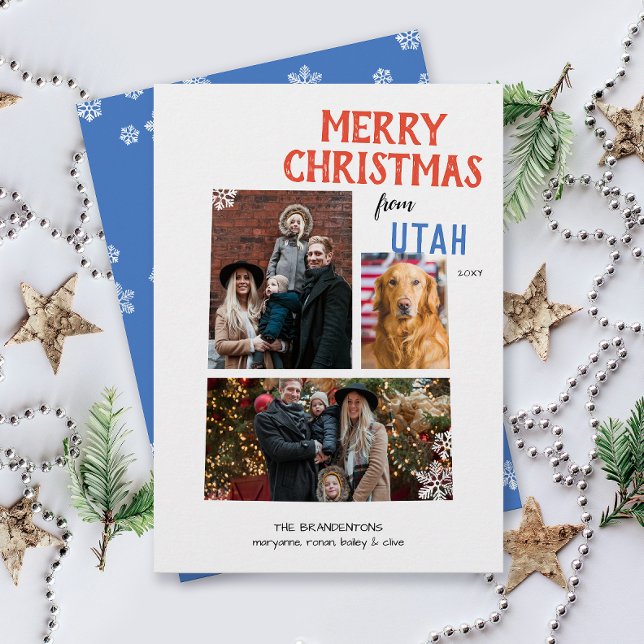 Glad jul från Utah Multi Photo Card Julkort (Happy Holidays Merry Christmas from Utah state pride three photo family card moving announcement)