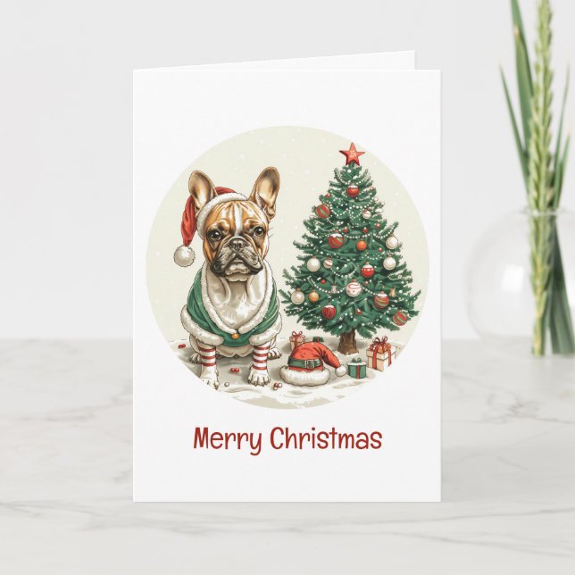 Glad jul fransk bulldog älva hund helgkort (Framsida)