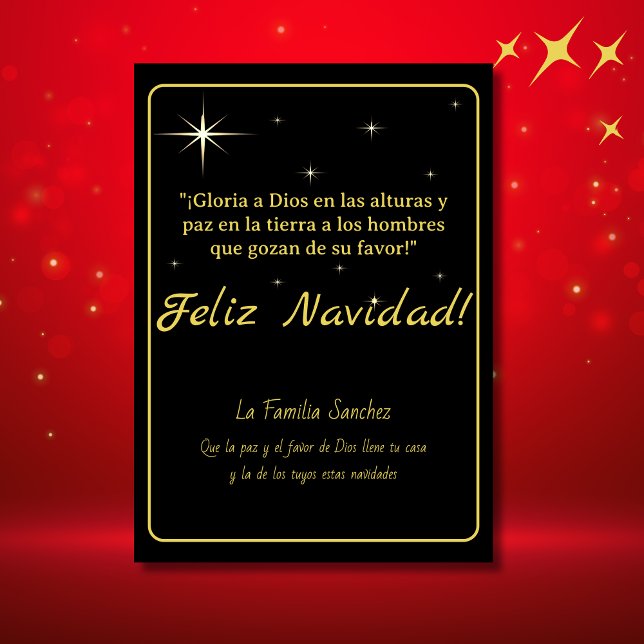 Glad Jul Golden & Black Luk 2:14 Vers Julkort (Spanish Christmas Card Black customizable text & greetings. with Bible verse. Con Jesus en el camino)