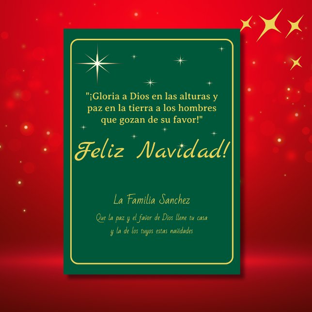Glad Jul Golden & Green Luk 2:14 Vers Julkort (Spanish Christmas Card Green & Golden, customizable text & greetings. Con Jesus en el camino)