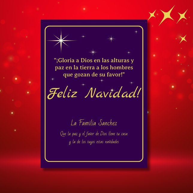 Glad Jul Golden & Purple Lukas 2:14 Vers Julkort (Spanish Christmas Card Purple, personalized terxt & greetings with bible verse. Con Jesus en el cami)