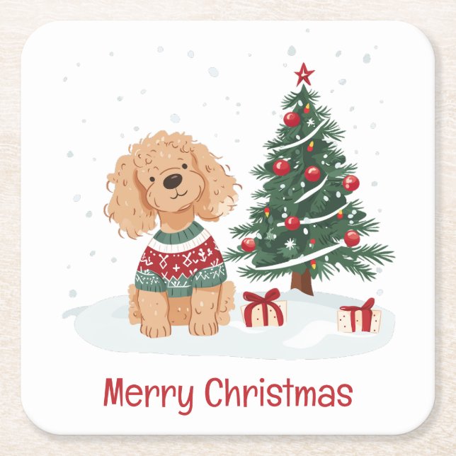 Glad jul Goldendoodle Hund Underlägg Papper Kvadrat (Framsidan)