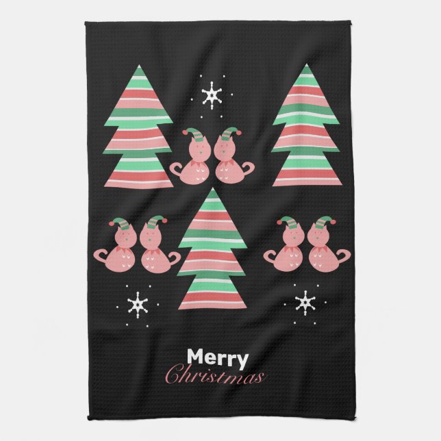 Glad jul gran katt mönster kökshandduk (Vertikal)
