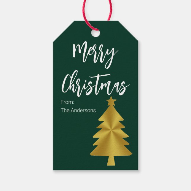 Glad jul Gran Mörkgrön och Guld Namn Presentetikett (Framsidan)
