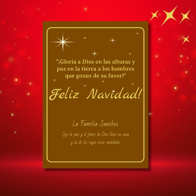 Glad jul Gran och Brun Lukas 2:14 Vers Julkort (Spanish Christmas card Brown, golden customizable text & greetings. Con Jesús en el camino)