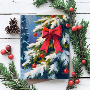 Glad jul Gran Röd Slinga Akvarell Målning Helg Vykort