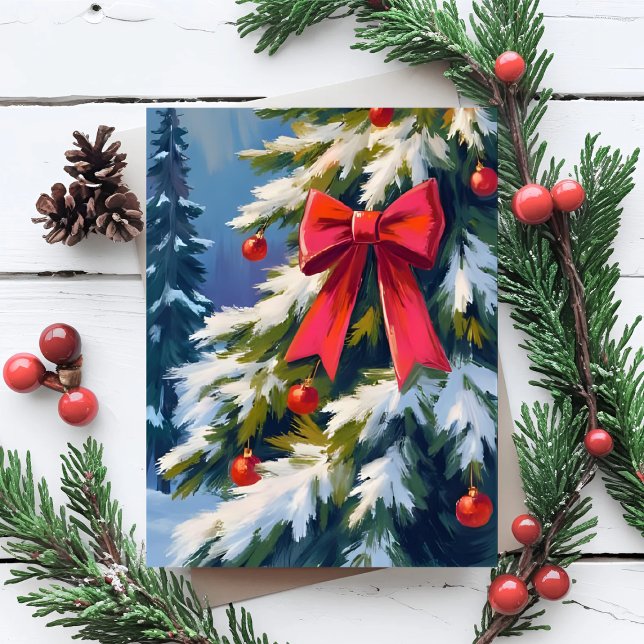 Glad jul Gran Röd Slinga Akvarell Målning Helg Vykort (Skapare uppladdad)