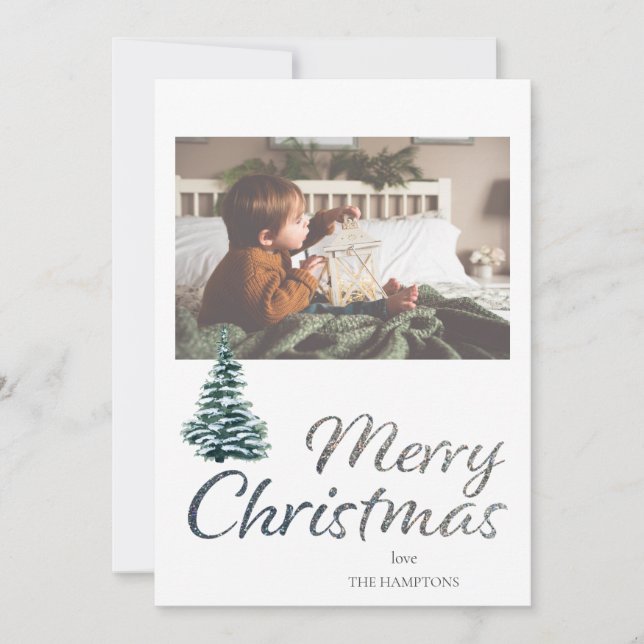 Glad jul Gran & Silver Glitter Fotokort (Framsida)