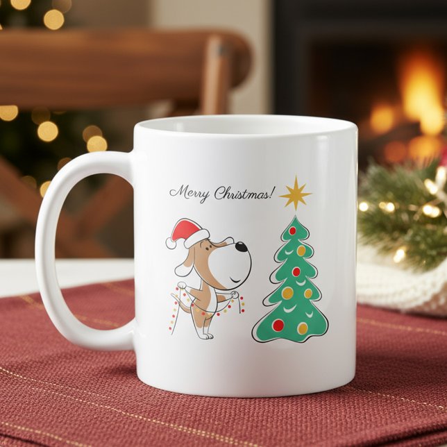 Glad jul gran Söt hund i tomte hatt Kaffemugg (Skapare uppladdad)