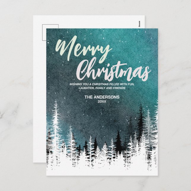 Glad jul gran vinter Natt skog Semester Helg Vykort (Fram/baksida)