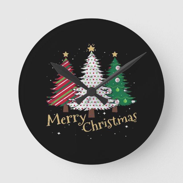 Glad jul Granar med Holiday Plaid Present Familj Rund Klocka (Framsida)