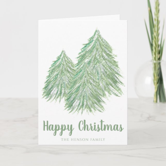 Glad jul Grön akvarell Julgran Helgkort (Framsida)