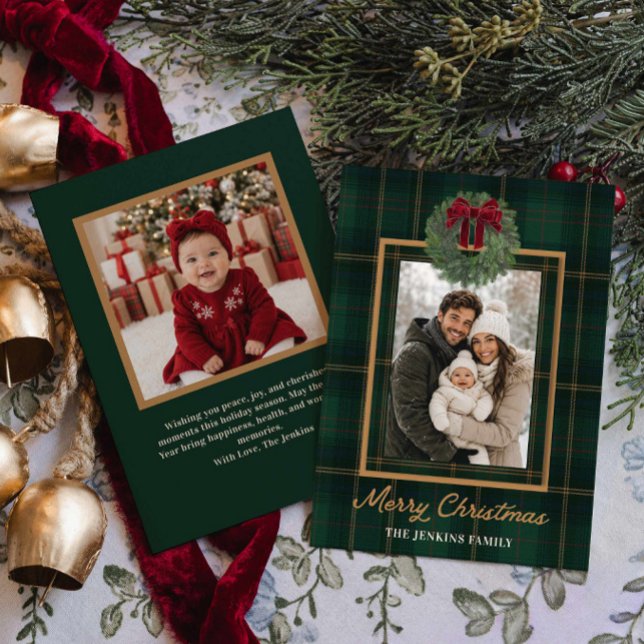 Glad jul Grön Plaid och Krans Foto  Inbjudningar (Green Plaid & Wreath Merry Christmas 2 Photo Greeting Card)