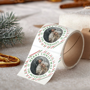 Glad jul Grön Röda Ränder Foto Runt Klistermärke