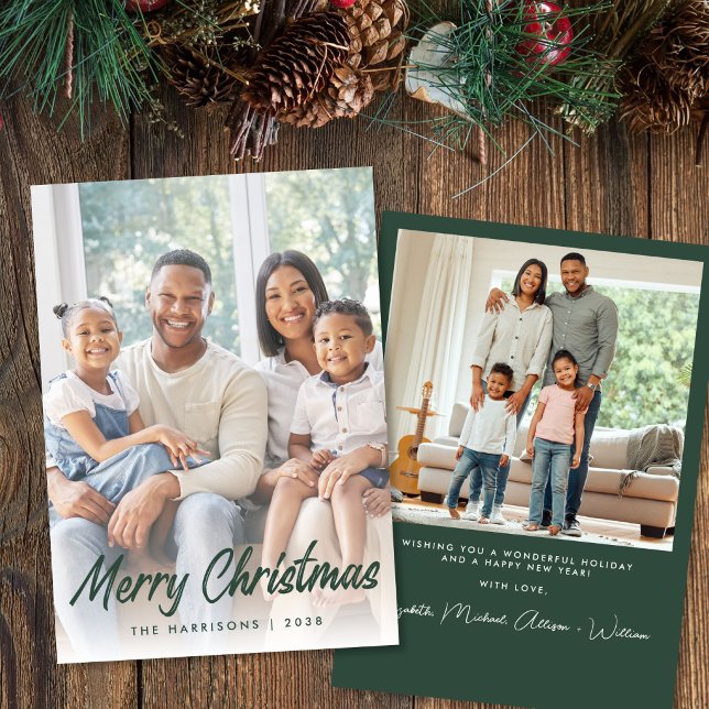 Glad jul Grön Script Foto Julkort (Merry Christmas Green Script Photo Holiday Card)