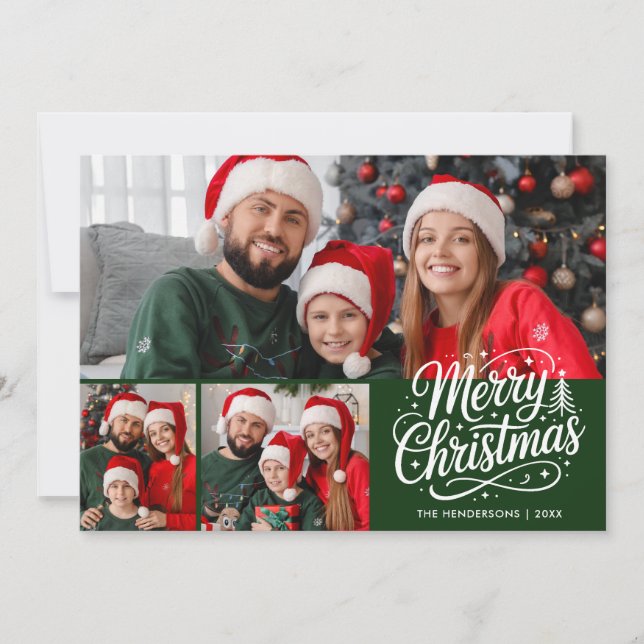 Glad jul Grön Skript 3 Familjefoto Julkort (Framsida)