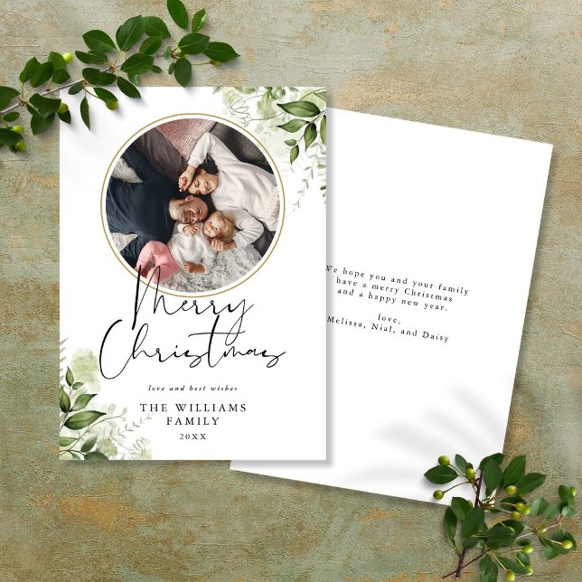 Glad jul Grönska Guld Ring Foto Julkort (Merry Christmas Greenery Gold Ring Photo Holiday Card)
