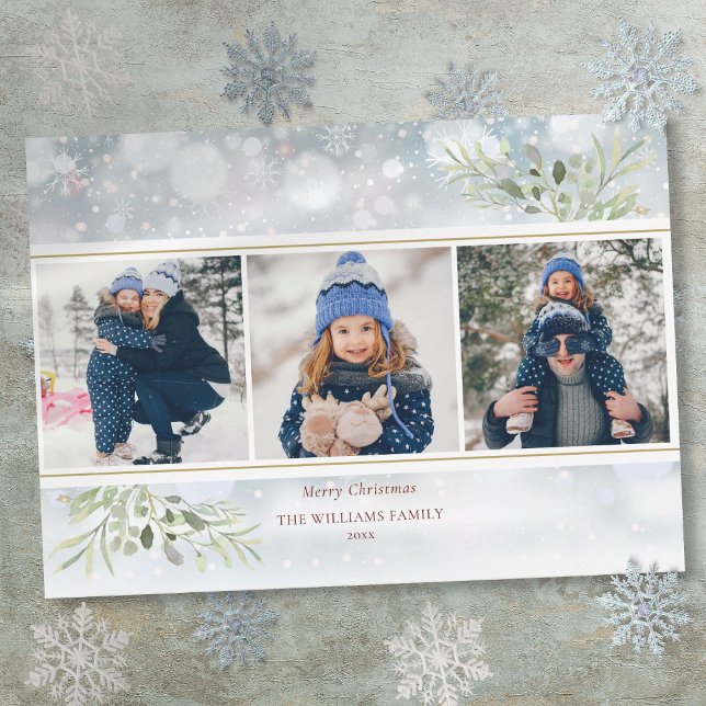 Glad jul Grönska Snöflingor Foto Collage Julkort (Merry Christmas Greenery Snowflakes Photo Collage Holiday Card)