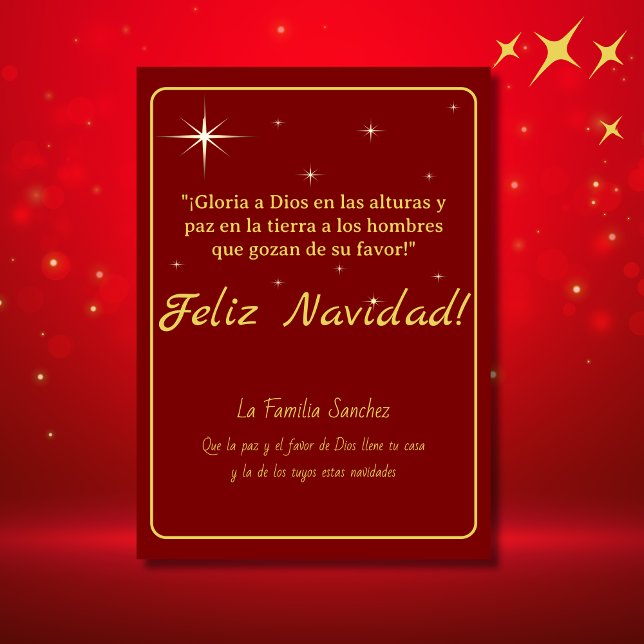 Glad Jul Guld & Röd Lukas 2:14 Vers Julkort (Spanish Christmas Card Red, personalized text & greeting, bible verse. Con jesús en el camino)