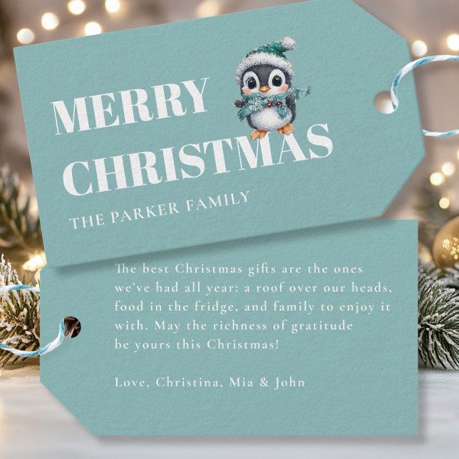 GLAD JUL! Guttig pingvin med tomtehatt Presentetikett (MERRY CHRISTMAS! Adorable, Penguin With Santa Hat, Gift Tags. Personalized with your name & text.)