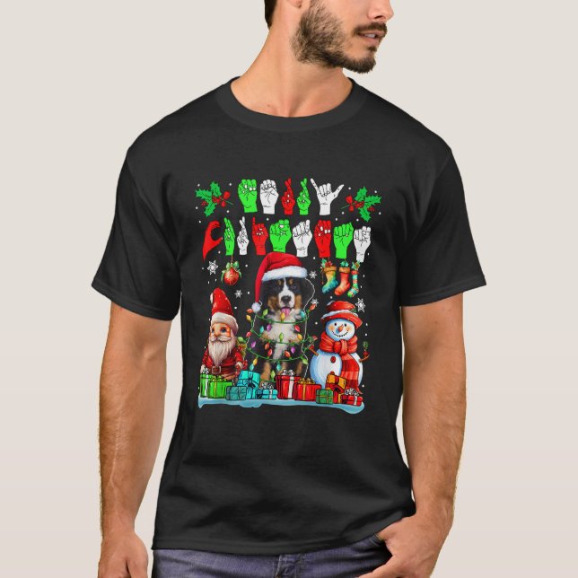 Glad Jul Hand Teckenspråk Tomte Bernese Mount T Shirt (Framsida)