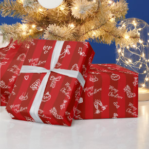 Glad jul Handritad doodle på röda ränder Presentpapper