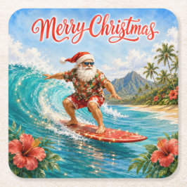 Glad jul hawaiianskt Santa som surfar Underlägg Papper Kvadrat