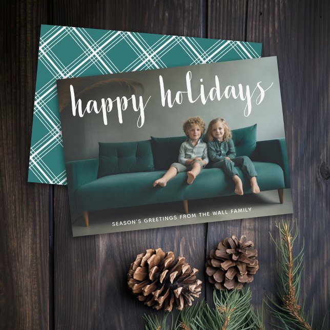 Glad jul helgfirande Fullfoto Enkel skript Blå Julkort (Modern Holiday Greeting Card with Large Photo)