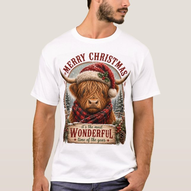 Glad jul Highland Ko Grafik - Festlig Hol T Shirt (Framsida)