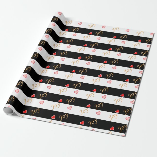 Glad jul hjärtmönster på randigt svart & vitt presentpapper (Utrullad)