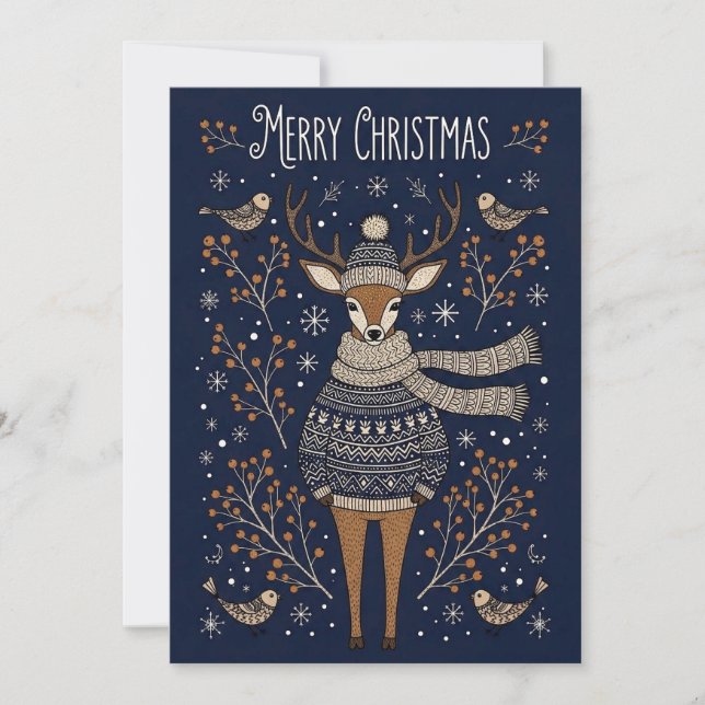 Glad Jul Hjort i Stickad Tröja  Julkort (Framsida)