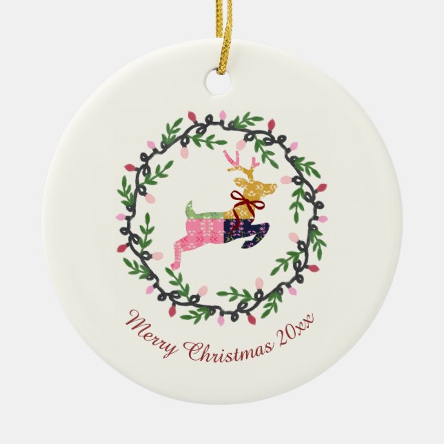 Glad jul Hjort med Krans Anpassa Julgransprydnad Keramik (Framsidan)