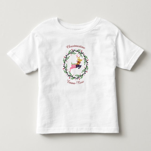 Glad jul Hjort med Krans Anpassa T Shirt (Framsida)