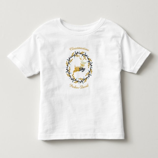 Glad jul Hjort med Krans Gul Anpassa T Shirt (Framsida)