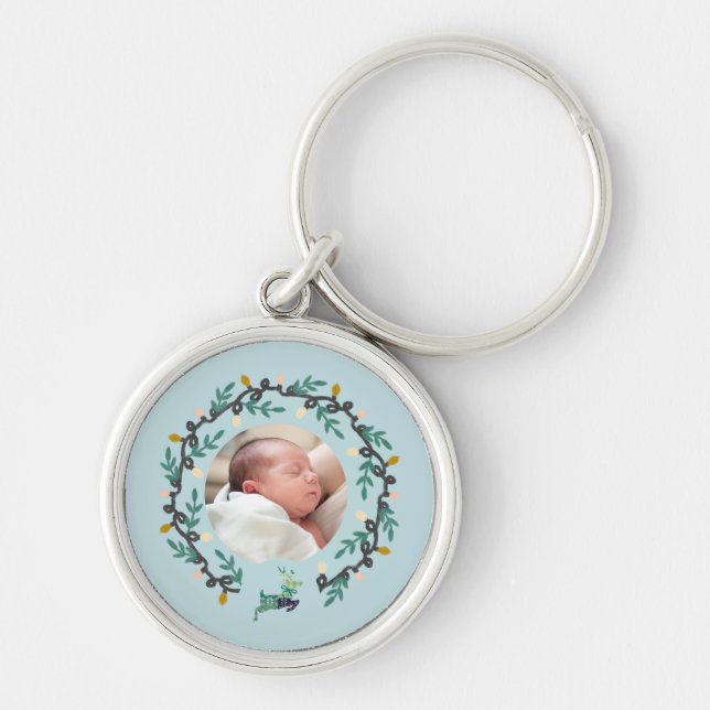 Glad jul Hjort med Krans Teal Rund Silverfärgad Nyckelring (Framsidan)