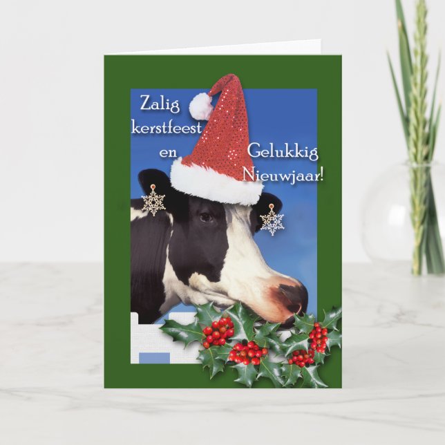 Glad jul, Holstein-ko med tomtehatt Helgkort (Framsida)