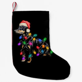 Glad jul hund intrasslad i ljus liten julstrumpa