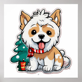 Glad jul hund med kaffekopp | Söt jul Poster