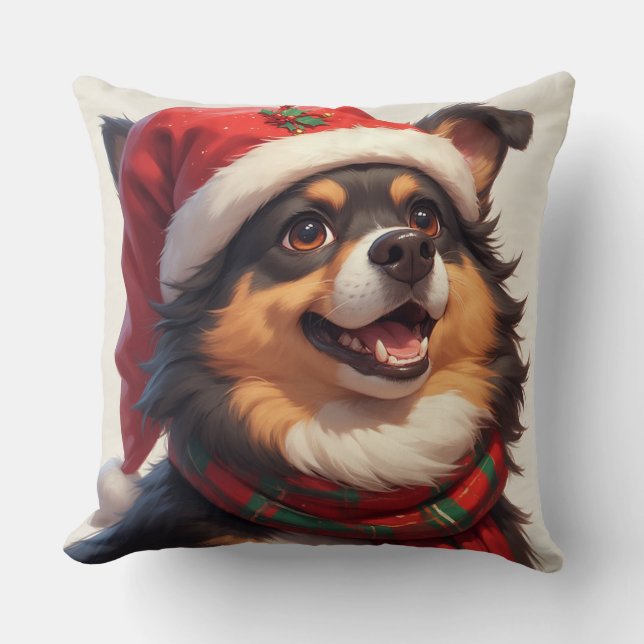 Glad jul hundporträtt i tomtehatt kudde (Framsida)