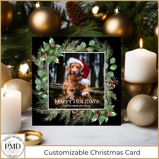 Glad Jul Husdjurs Foto Krans Fyrkantigt Kort (Happy Holidays Pet Photo Wreath Square Christmas Card with Your Photo, Name, Year, Optional Greeting)