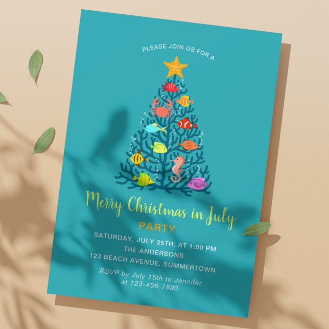 Glad jul i juli Tropiska korallträd fiskar Inbjudningar (Skapare uppladdad)
