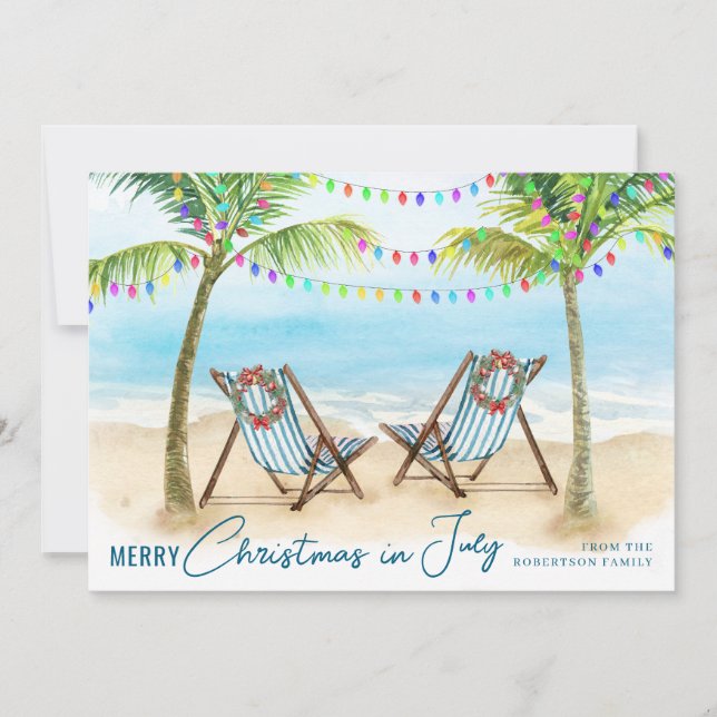 Glad jul i juli Tropiska strand palmer Julkort (Framsida)