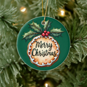 Glad jul-kaka med julbär grön julgransprydnad keramik