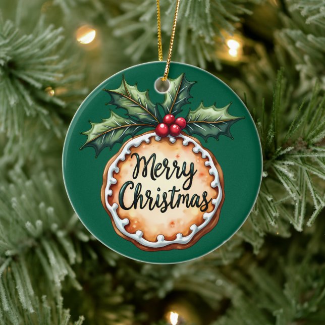 Glad jul-kaka med julbär grön julgransprydnad keramik (Träd)