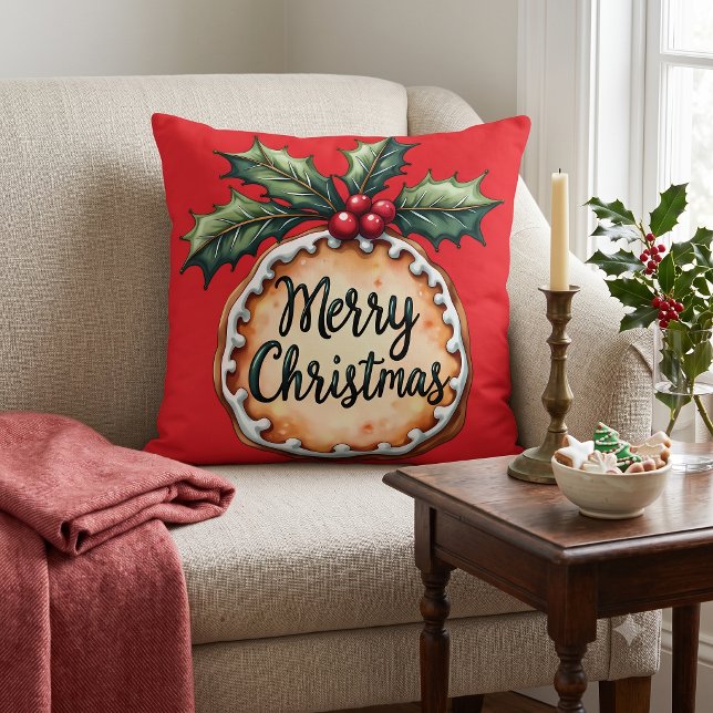 Glad jul-kaka med julbärs-bär röda kudde (Merry Christmas Cookie with Holly Berries Red Throw Pillow)