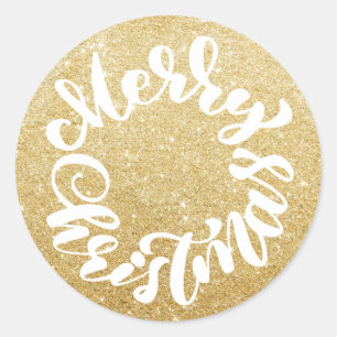 Glad jul kalligrafi krans guld glitter runt klistermärke