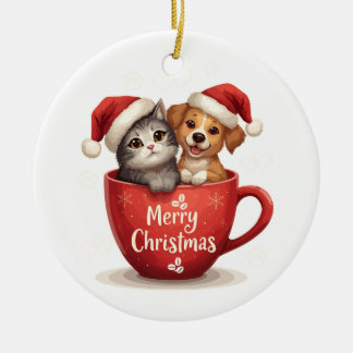Glad jul katt och hund i mugg, söt husdjur julgransprydnad keramik