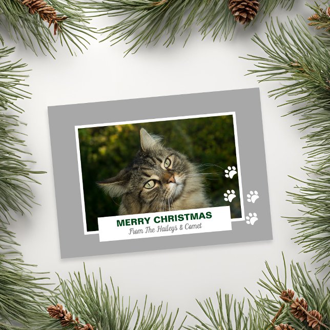 Glad jul Katt Vita tassavtryck Foto Julkort (Merry Christmas Cat White Paw Prints Photo Holiday Card)